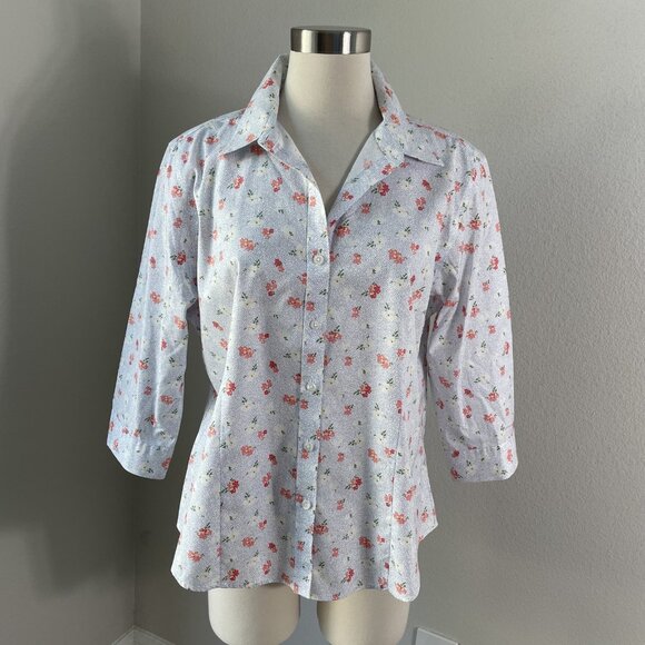 LL Bean Shirt Womens Large Petite Blue Floral Wrinkle Free Button Up 3/4 Sleeve - Picture 1 of 9
